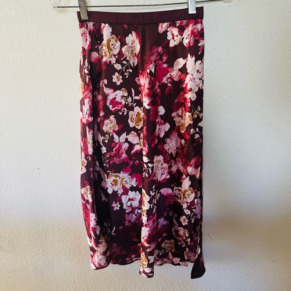 Free People Floral Midi Skirt in Burgundy and Pink